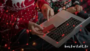 Deux personnes en pulls festifs sont assises avec un ordinateur portable ; l'une tient une carte de crédit, prête à effectuer un achat en ligne. Des guirlandes lumineuses se trouvent en arrière-plan.