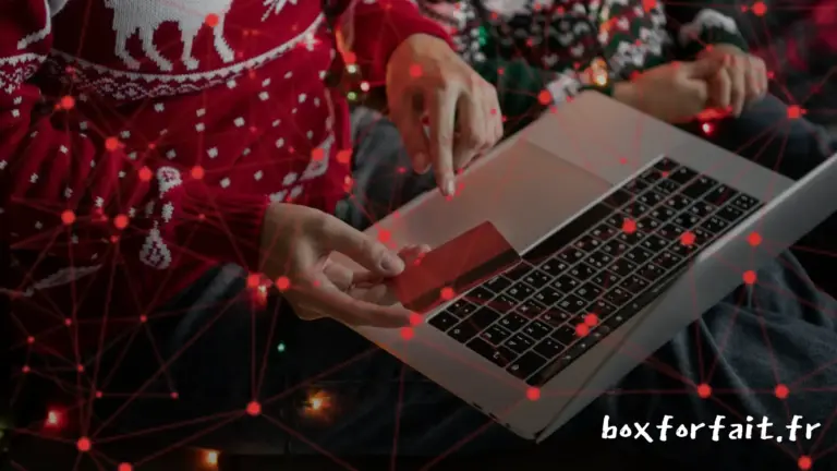 Deux personnes en pulls festifs sont assises avec un ordinateur portable ; l'une tient une carte de crédit, prête à effectuer un achat en ligne. Des guirlandes lumineuses se trouvent en arrière-plan.